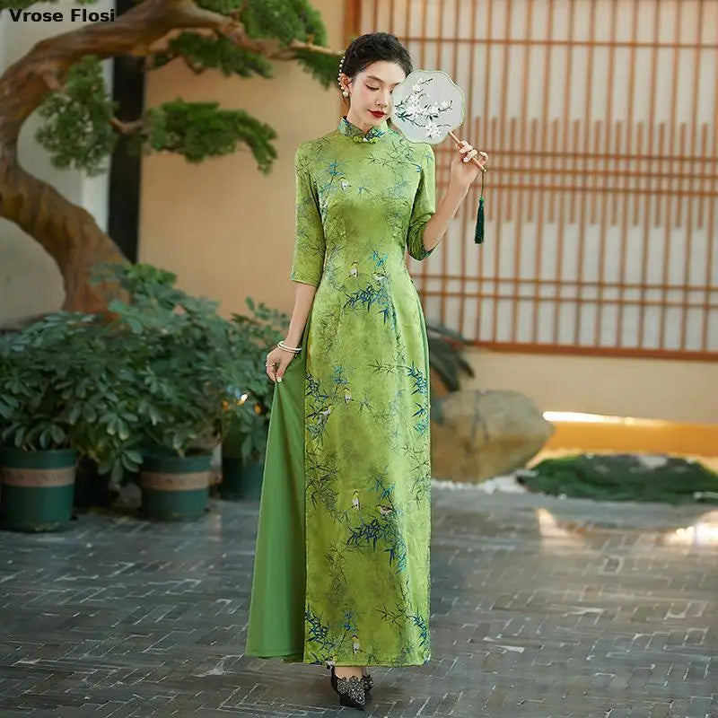 2025 Summer Casual Vintage Green Áo Dài -- Qipao style Dress Floral Print Elegant Evening Party Gown