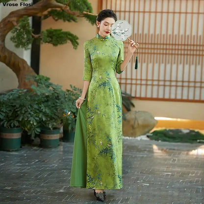 2025 Summer Casual Vintage Green Áo Dài -- Qipao style Dress Floral Print Elegant Evening Party Gown