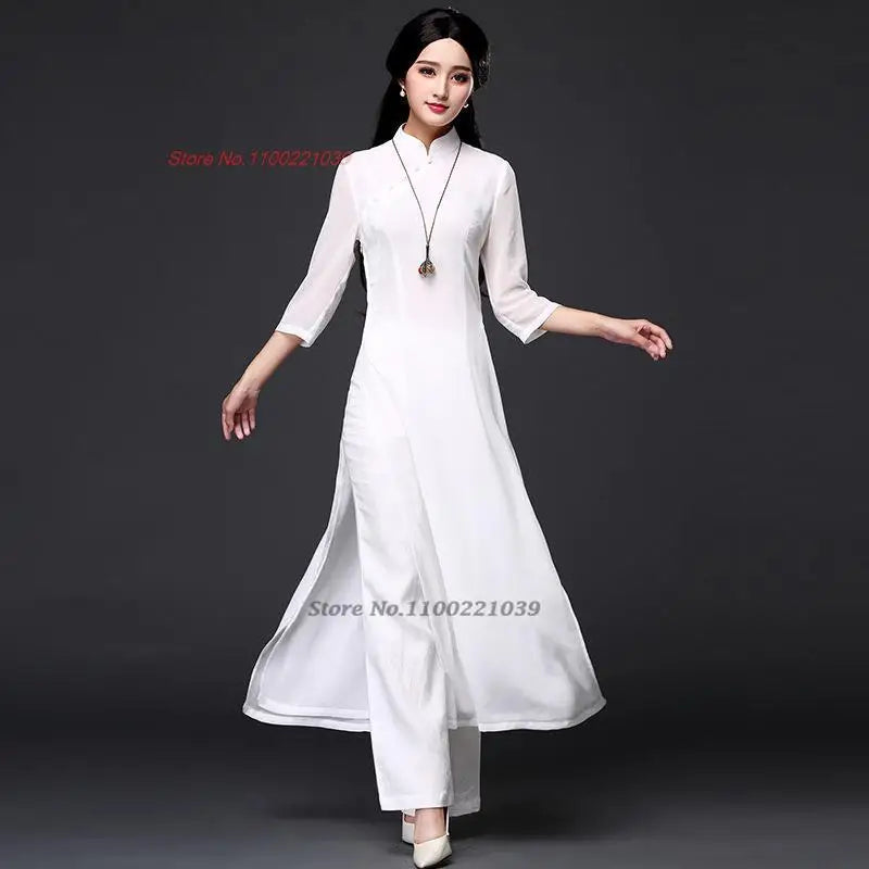 2025 Vietnam traditional folk style Áo Dài (dress+pants set), Vietnam chiffon