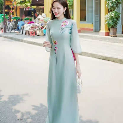 Women Aodai Vetnam Clothing Long Cheongsam Aodai Vietnamese Traditionally Dress Two-piece Wide-leg Pants Cheongsam Aodai Dress