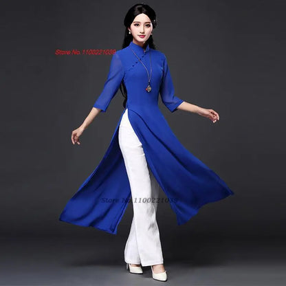 2025 Vietnam traditional folk style Áo Dài (dress+pants set), Vietnam chiffon