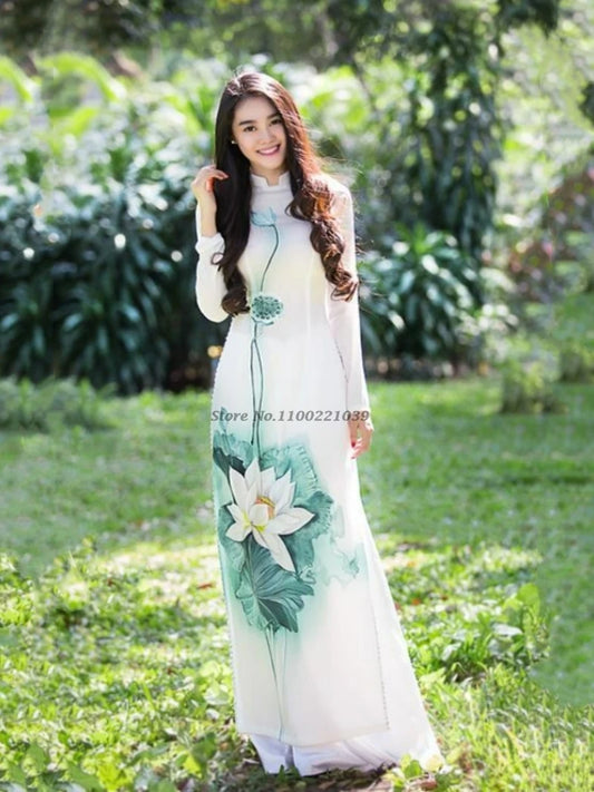 2025 Vietnam Áo Dài (dress+pants set with flower print), vintage dress elegant banquet evening wear