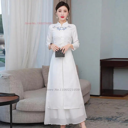 2025 Vietnam Áo Dài with retro flower embroidery (dress+pants sets), woman traditional vintage party dress