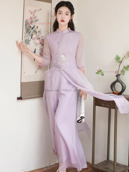 Vietnam vintage Áo Dài (flower embroidery chiffon qipao (dress+pants set), retro banquet dress