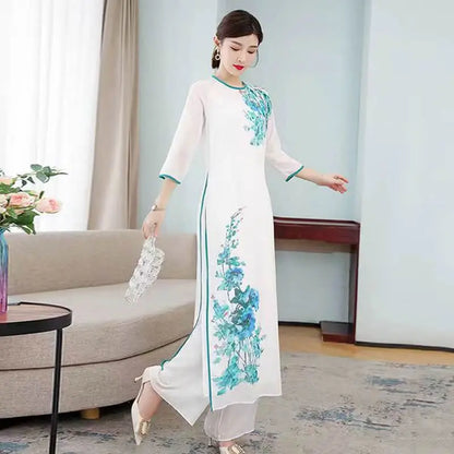 Spring Summer Ao Dai Cheongsam Folk Style Vietnam Chiffon Aodai Graceful Elegant Women Chinese Traditional Dress Improve Qipao