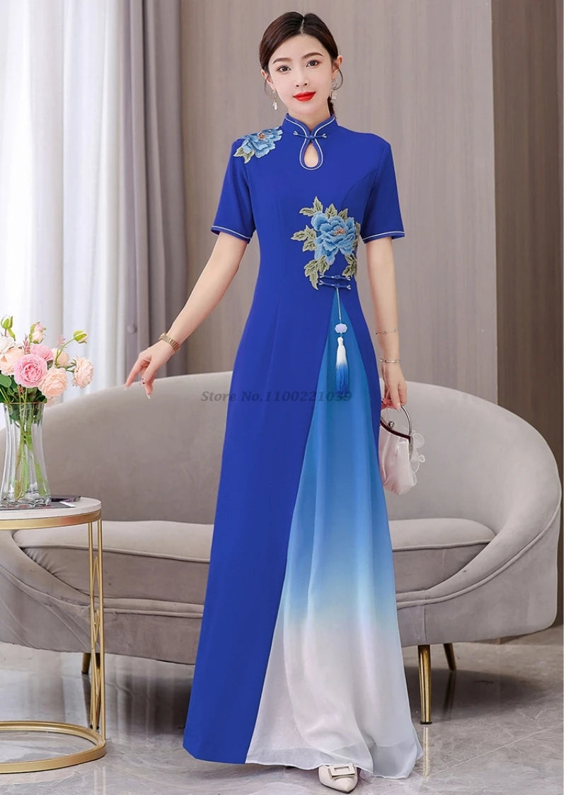 Áo Dài Qipao with flower embroidery cheongsam dress banquet evening dress