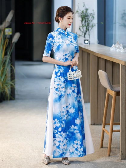 Áo Dài Vietnam Qipao inspired vintage flower print, elegant party dress, banquet evening dress