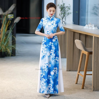 Áo Dài Vietnam Qipao inspired vintage flower print, elegant party dress, banquet evening dress