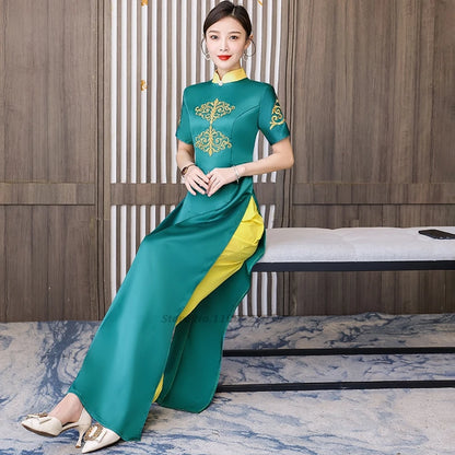 2025 Vietnam Áo Dài (dress+pants set with flower embroidery), banquet evening dress vestido