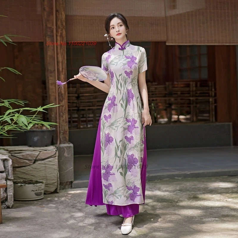 2025 Vietnam traditional Áo Dài -- flower print a-line banquet evening dress
