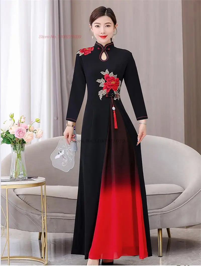 Áo Dài Qipao with flower embroidery cheongsam dress banquet evening dress