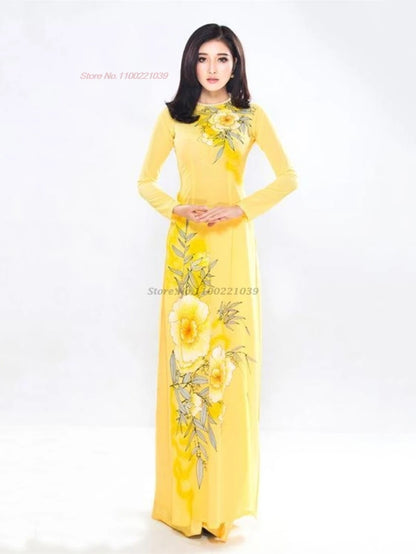 2025 Vietnam traditional Áo Dài (dress+pants set with flower design), banquet party evening dress vestido