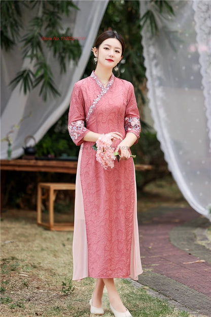 2025 Vietnam traditional Áo Dài -- Cheongsam flower embroidery v-neck a-line, banquet evening dress