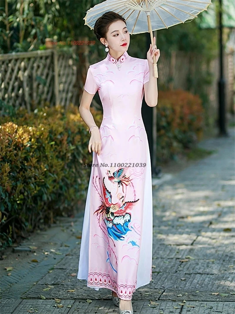 2025 Vietnam Áo Dài Qipao, phoenix print, banquet evening dress