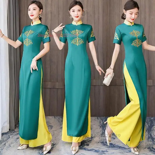 2025 Vietnam Áo Dài (dress+pants set with flower embroidery), banquet evening dress vestido