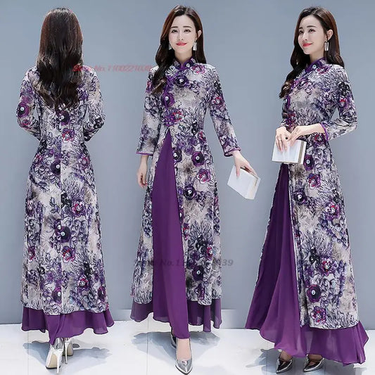 2025 Vietnam Áo Dài mixed with Chinese traditional cheongsam,  floral print banquet wedding evening dress