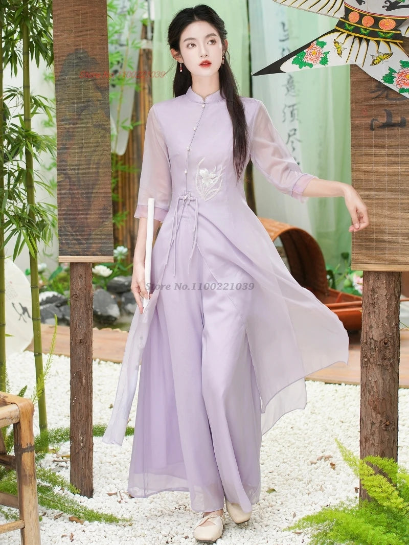 Vietnam vintage Áo Dài (flower embroidery chiffon qipao (dress+pants set), retro banquet dress