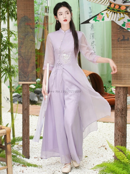 Vietnam vintage Áo Dài (flower embroidery chiffon qipao (dress+pants set), retro banquet dress