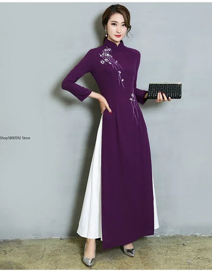 Áo Dài Elegant Chinese Style Cheongsam Vintage Floral Festival Wedding Evening Dress