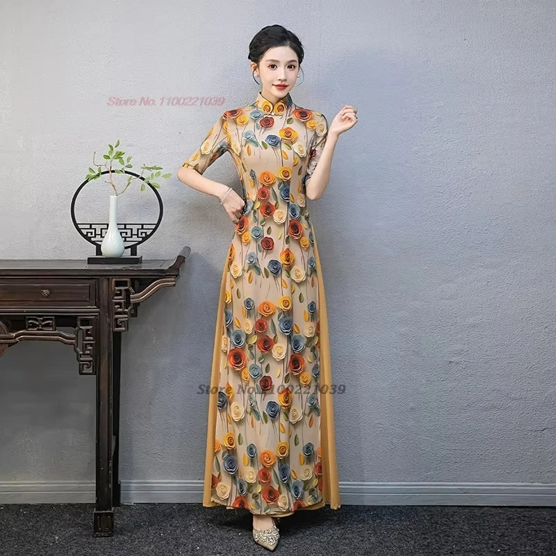 2025 Áo Dài -- Vietnam traditional dress cheongsam inspired flower print banquet evening dress