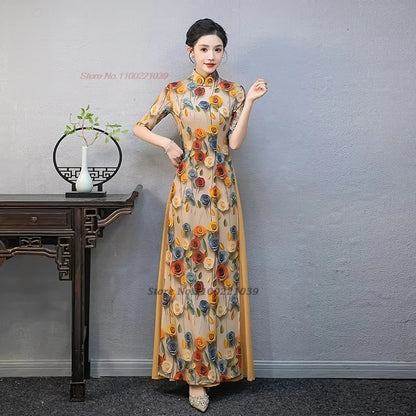 2025 Áo Dài -- Vietnam traditional dress cheongsam inspired flower print banquet evening dress
