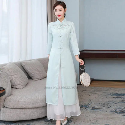 2025 Vietnam Áo Dài with retro flower embroidery (dress+pants sets), woman traditional vintage party dress