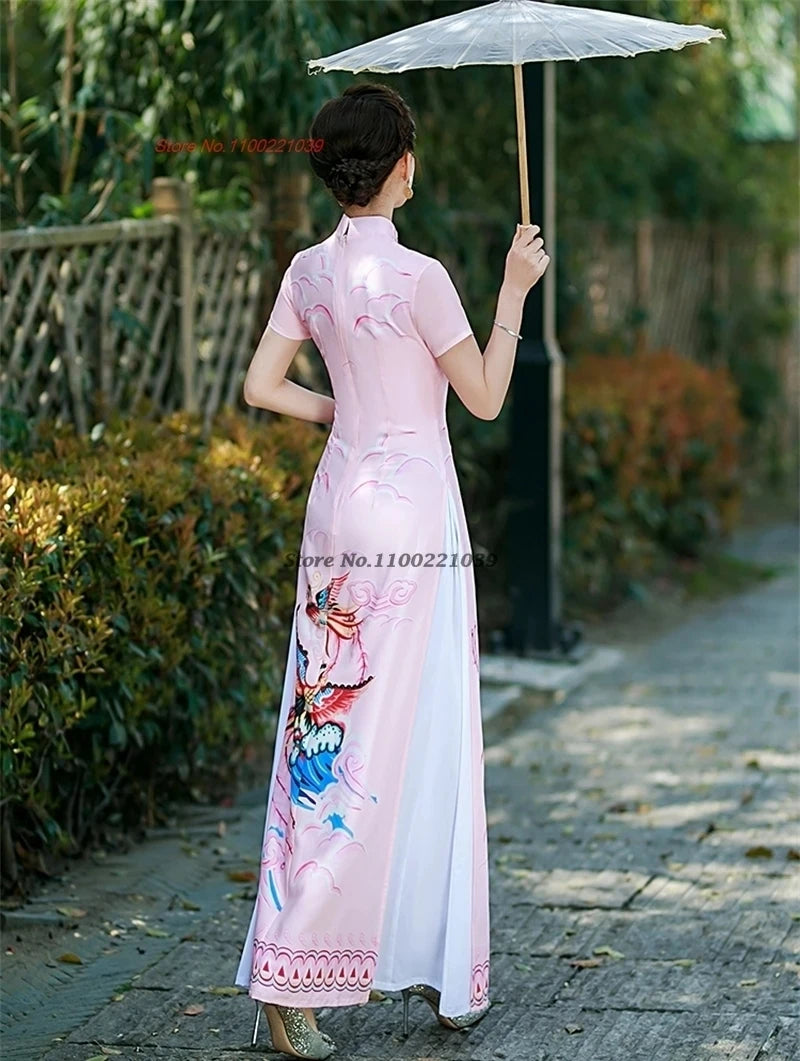 2025 Vietnam Áo Dài Qipao, phoenix print, banquet evening dress