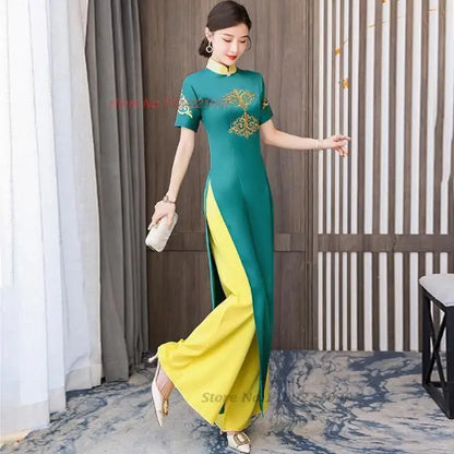 2025 Vietnam Áo Dài (dress+pants set with flower embroidery), banquet evening dress vestido