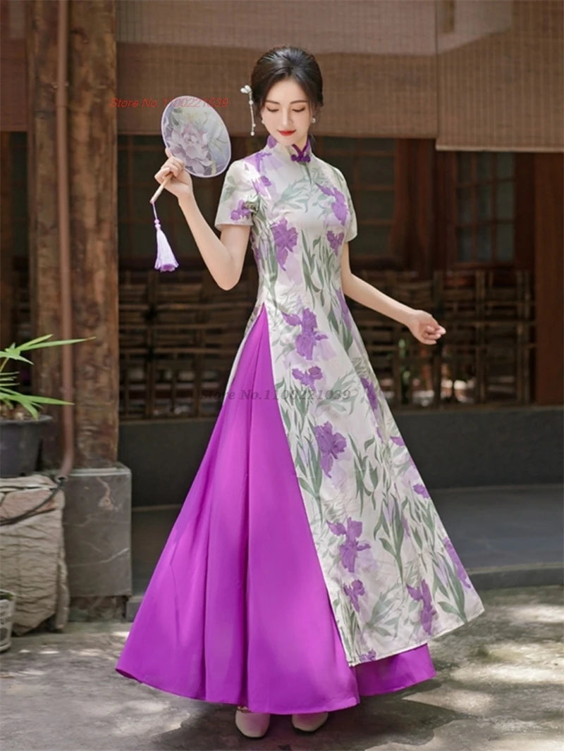 2025 Vietnam traditional Áo Dài -- flower print a-line banquet evening dress