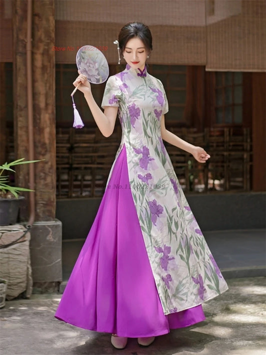 2025 Vietnam traditional Áo Dài -- flower print a-line banquet evening dress