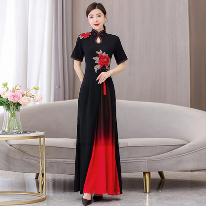 Áo Dài Qipao with flower embroidery cheongsam dress banquet evening dress