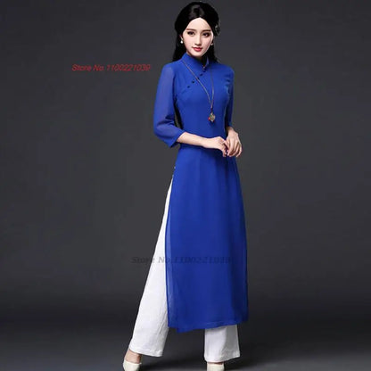 2025 Vietnam traditional folk style Áo Dài (dress+pants set), Vietnam chiffon