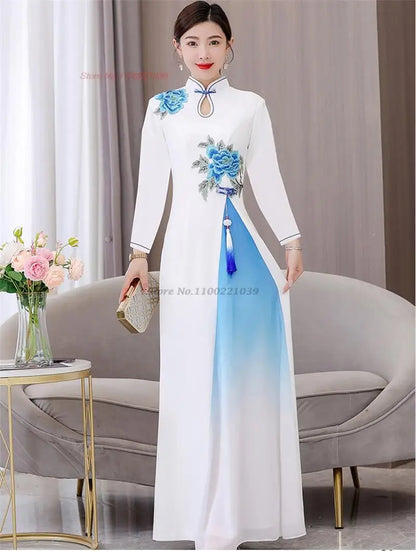 Áo Dài Qipao with flower embroidery cheongsam dress banquet evening dress