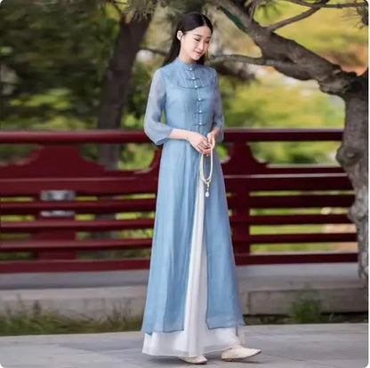 Spring Long Dress (Áo Dài) Cheongsam Vintage Bamboo Print Chiffon White Qipao