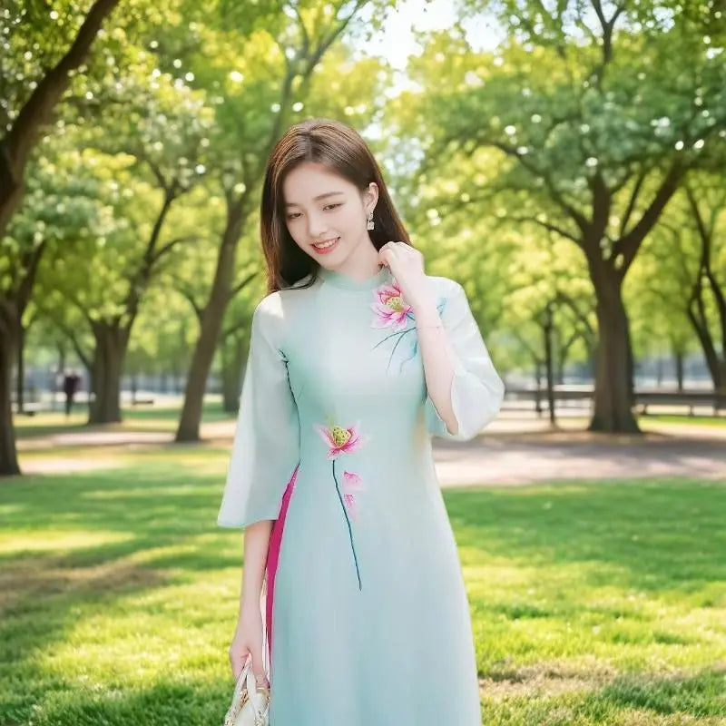 Women Aodai Vetnam Clothing Long Cheongsam Aodai Vietnamese Traditionally Dress Two-piece Wide-leg Pants Cheongsam Aodai Dress