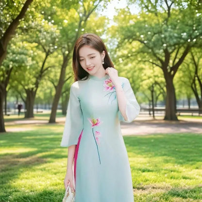 Women Aodai Vetnam Clothing Long Cheongsam Aodai Vietnamese Traditionally Dress Two-piece Wide-leg Pants Cheongsam Aodai Dress