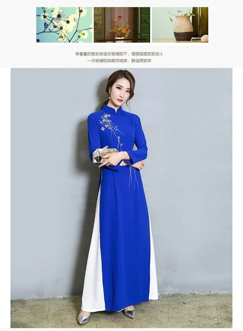 Áo Dài Elegant Chinese Style Cheongsam Vintage Floral Festival Wedding Evening Dress