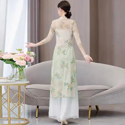 Spring Long Dress (Áo Dài) Cheongsam Vintage Bamboo Print Chiffon White Qipao