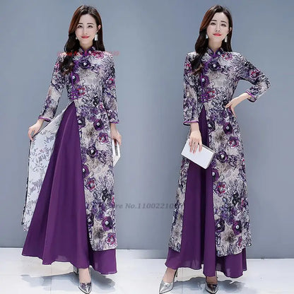 2025 Vietnam Áo Dài mixed with Chinese traditional cheongsam,  floral print banquet wedding evening dress