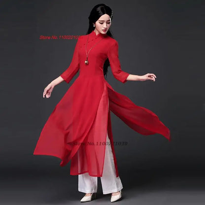 2025 Vietnam traditional folk style Áo Dài (dress+pants set), Vietnam chiffon