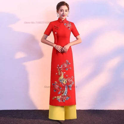 2025 Vietnam vintage Áo Dài with phoenix and flower design (dress+pants set)
