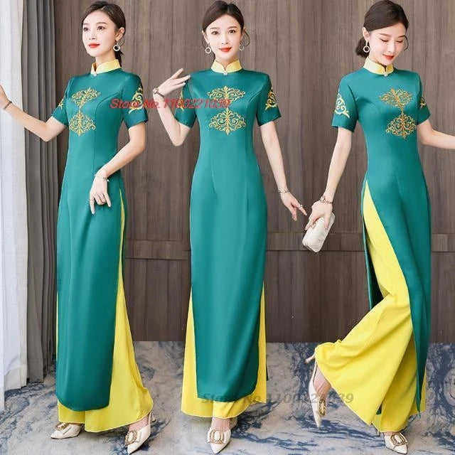 2025 Vietnam Áo Dài (dress+pants set with flower embroidery), banquet evening dress vestido