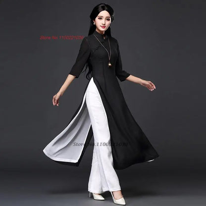 2025 Vietnam traditional folk style Áo Dài (dress+pants set), Vietnam chiffon