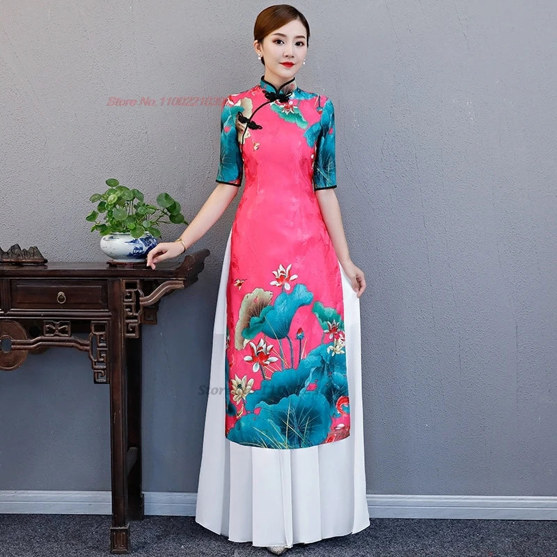 2025 Chinese improved Qipao (dress+skirt set), flower print Vietnam Áo Dài a-line