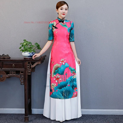 2025 Chinese improved Qipao (dress+skirt set), flower print Vietnam Áo Dài a-line