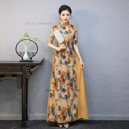 2025 Áo Dài -- Vietnam traditional dress cheongsam inspired flower print banquet evening dress