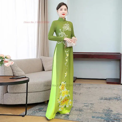 2025 Vietnam traditional Áo Dài flower print (dress+pants sets)
