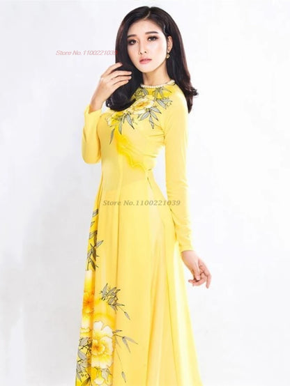 2025 Vietnam traditional Áo Dài (dress+pants set with flower design), banquet party evening dress vestido