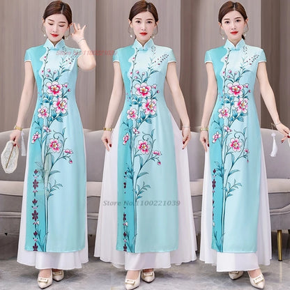 Áo Dài Vietnam -- Chinese cheongsam inspired, flower print banquet evening dress