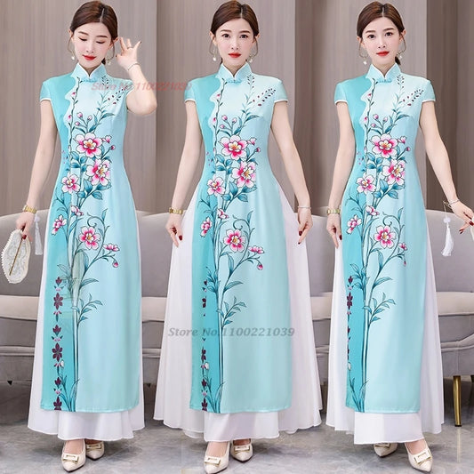 Áo Dài Vietnam -- Chinese cheongsam inspired, flower print banquet evening dress